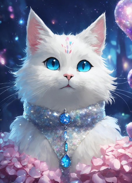 Personagem de desenho animado um gato branco com um casaco prateado e olhos azuis brilhantes o casaco é salpicado com