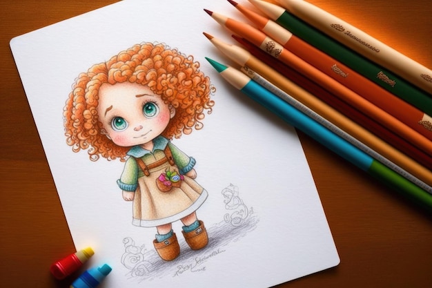 Personagem de desenho bonito desenhando com lápis de cor em papel branco