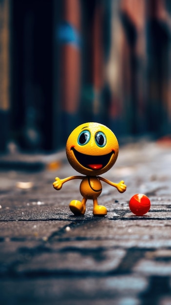 Personagem de emoji amarelo feliz andando em uma estrada