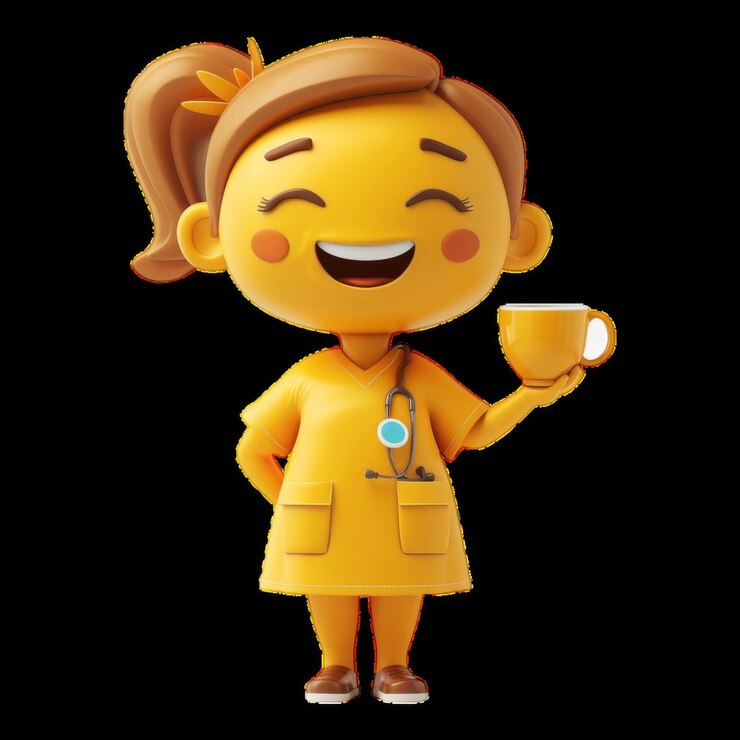 Foto personagem de enfermeira alegre segurando uma xícara de café em amarelo
