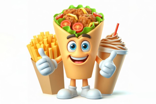 Personagem de fast food de giroscópios 3d deliciosos com um rosto sorridente em um fundo branco ai generativo