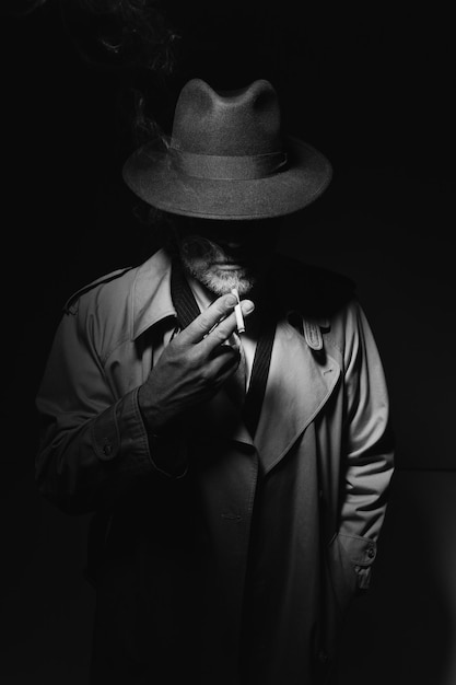 Foto personagem de filme noir fumando um cigarro