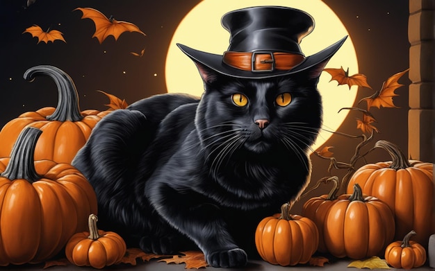 Personagem de gato preto com abóbora para evento de Halloween