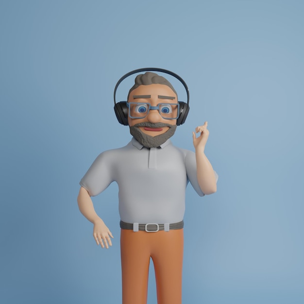 Foto personagem de homem com barba e óculos em fones de ouvido ilustração 3d em um fundo azul