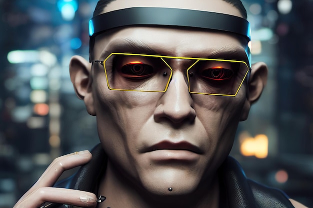 Personagem de homem gângster cyberpunk de renderização em 3D usando óculos futuristas