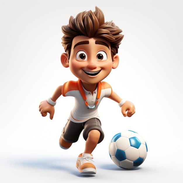 Personagem de jogador de futebol 3D com bola em fundo branco