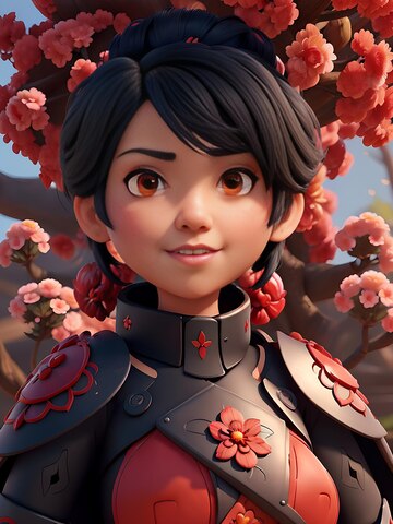 Personagem de jogo de menina bonita vestida com armadura samurai vermelha  olhos vermelhos escarlates