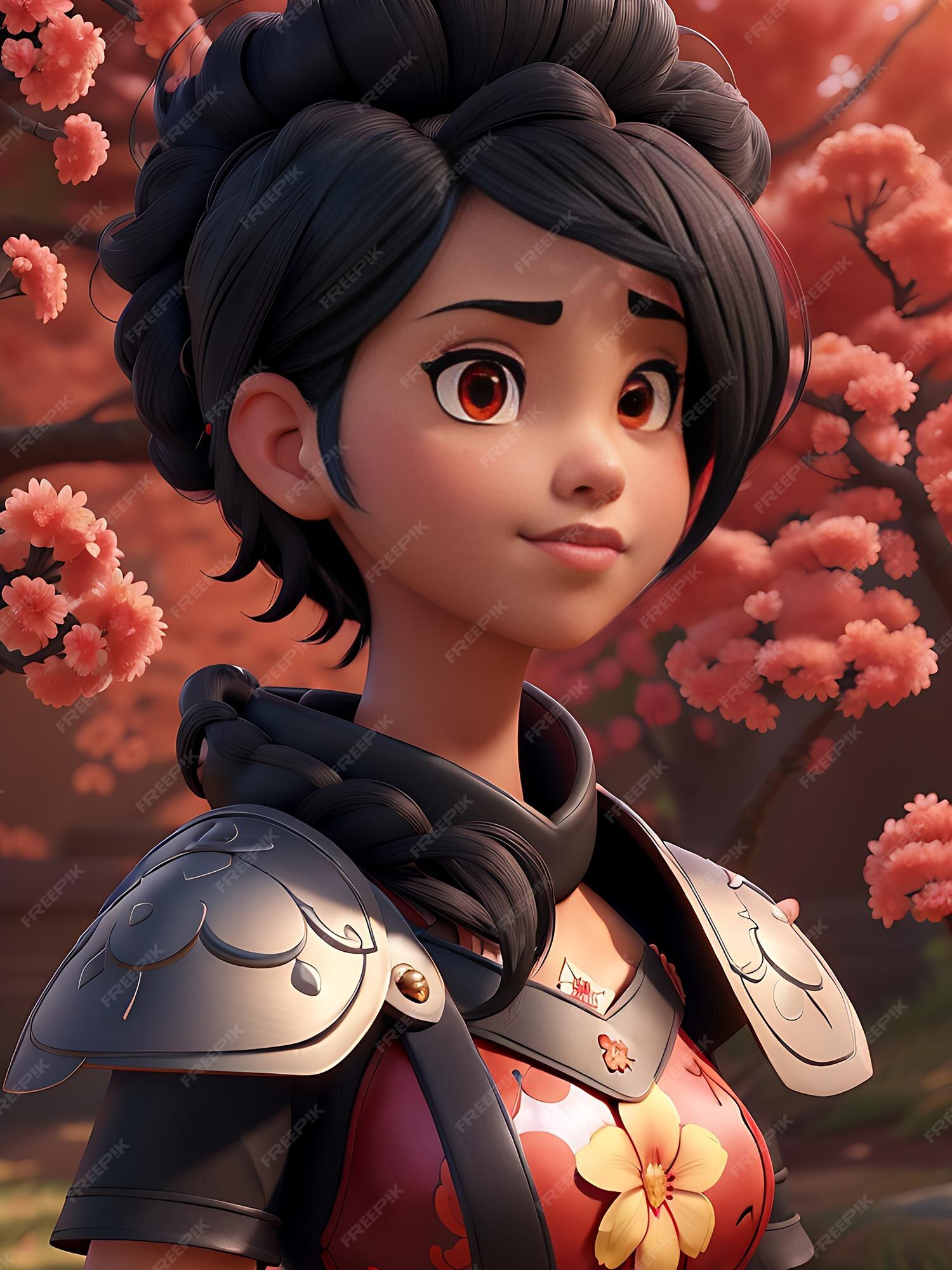 Personagem de jogo de menina bonita vestida com armadura samurai vermelha  olhos vermelhos escarlates