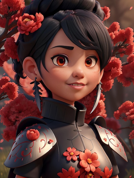 personagem de jogo de menina bonita vestida com armadura samurai vermelha olhos vermelhos escarlates