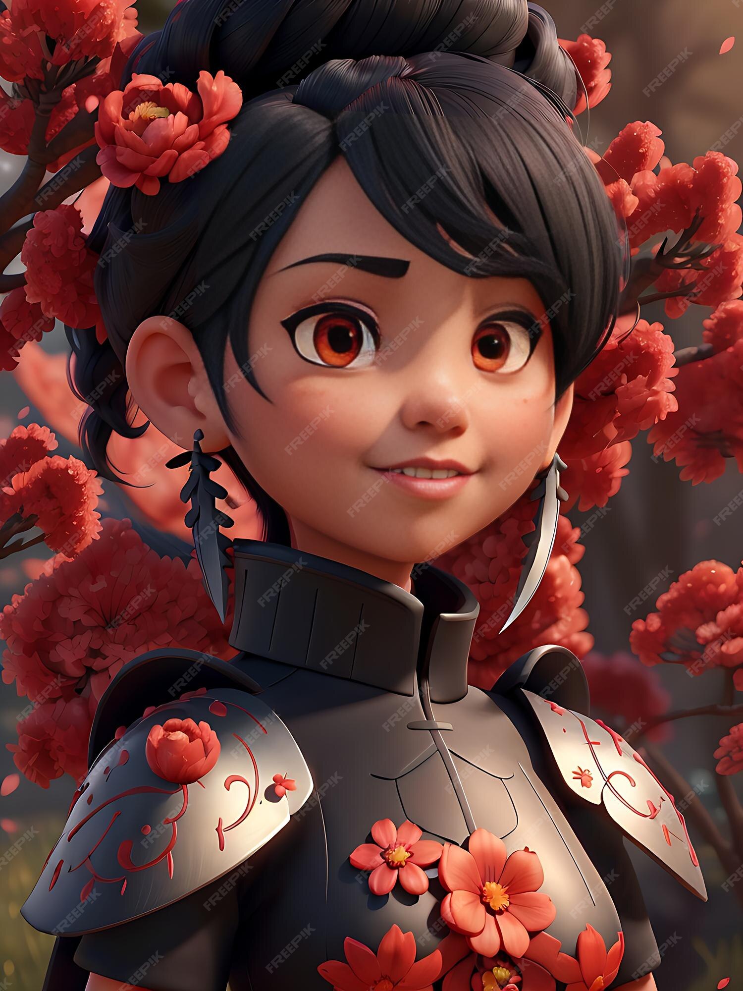 Personagem de jogo de menina bonita vestida com armadura samurai vermelha  olhos vermelhos escarlates