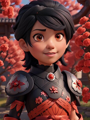 Personagem de jogo de menina bonita vestida com armadura samurai vermelha  olhos vermelhos escarlates