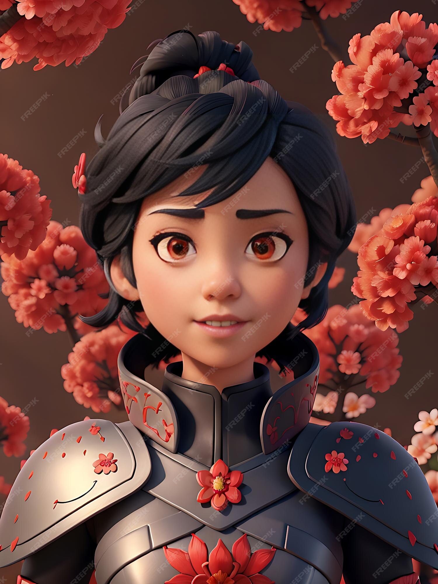 Personagem de jogo de menina bonita vestida com armadura samurai vermelha  olhos vermelhos escarlates