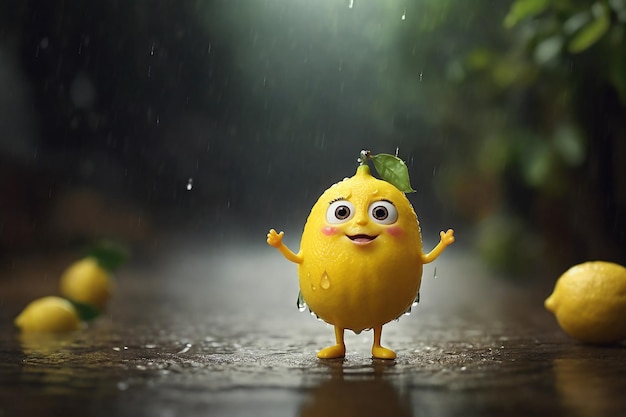 Personagem de limão engraçado com olhos e boca de pé em uma mesa molhada em um dia chuvoso