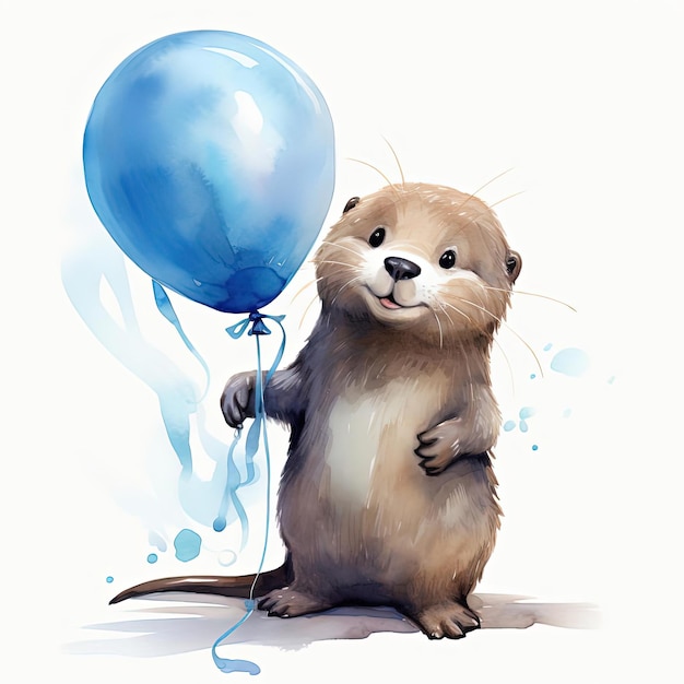 personagem de lontra aquarela fofa segurando um balão azul no estilo realista, mas estilizado