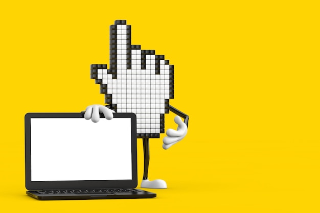 Personagem de mascote de cursor de mão de pixel com notebook de computador portátil moderno e tela em branco para sua renderização em 3d de design