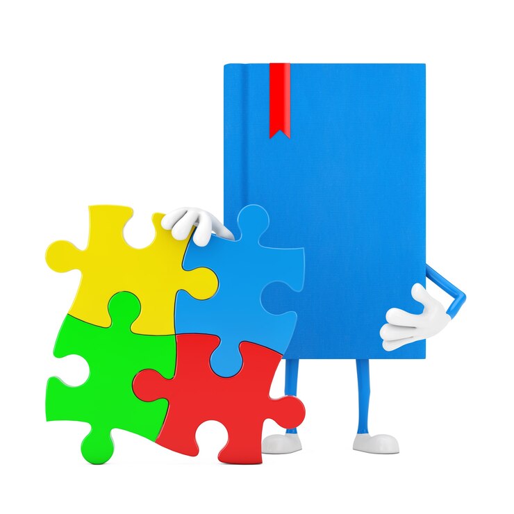 Foto personagem de mascote personagem de livro azul com quatro peças de quebra-cabeça colorido sobre um fundo branco. renderização 3d