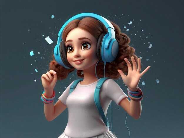 Personagem de menina bonita em 3D dançando através de fones de ouvido