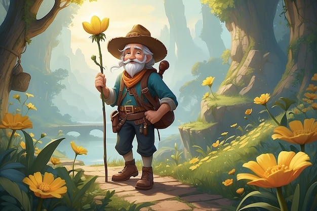 Personagem de missão mítica à procura de uma ilustração de flor de papaia dourada