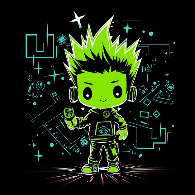 Foto personagem de néon do menino chibi brincalhão com calças largas moicano pontiagudas boombox no conjunto de adesivos de clipart