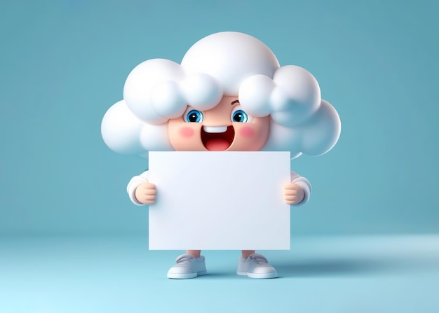 Foto personagem de nuvem bonito segurando uma folha branca de papel em mãos cores pastel ilustração 3d