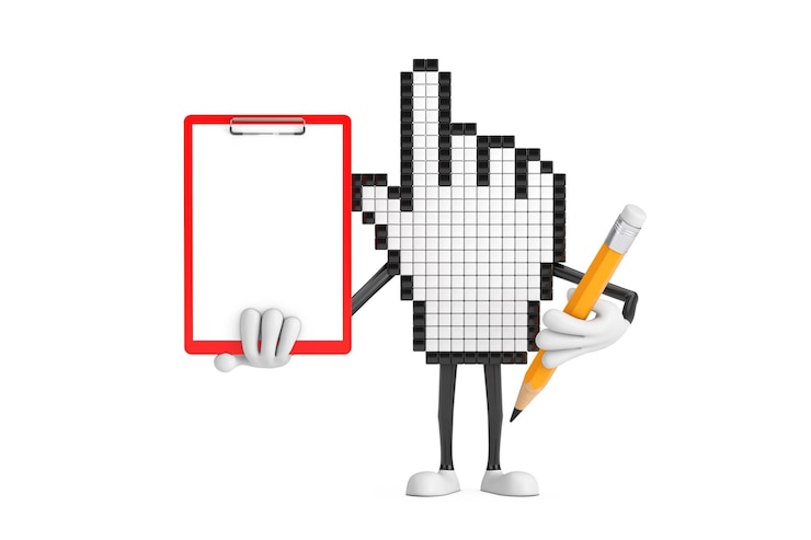 Foto personagem de pessoa de mascote de cursor de mão de pixel com papel de prancheta de plástico vermelho e renderização em 3d de lápis