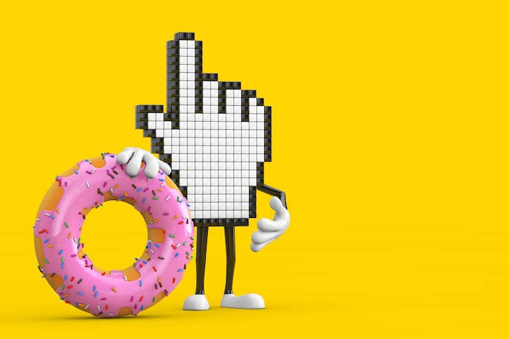 Foto personagem de pessoa de mascote de cursor de mão de pixel com renderização em 3d de rosquinha vitrificada rosa morango grande