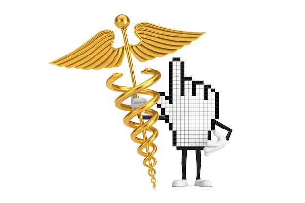 Personagem de pessoa de mascote de cursor de mão de pixel com símbolo de caduceu médico dourado renderização em 3d