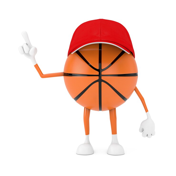 Foto personagem de pessoa mascote de esportes de bola de basquete de brinquedo bonito dos desenhos animados em um fundo branco. renderização 3d