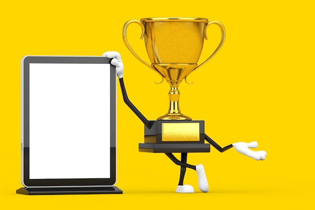 Personagem de pessoa mascote do vencedor do prêmio de ouro com carrinho de exibição de tela LCD de feira comercial em branco como modelo para seu projeto em um fundo amarelo. Renderização 3D