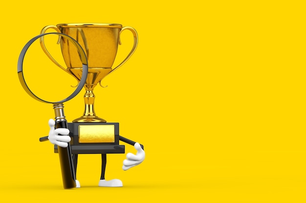 Personagem de pessoa mascote do vencedor do troféu de ouro com lupa sobre um fundo amarelo. renderização 3d