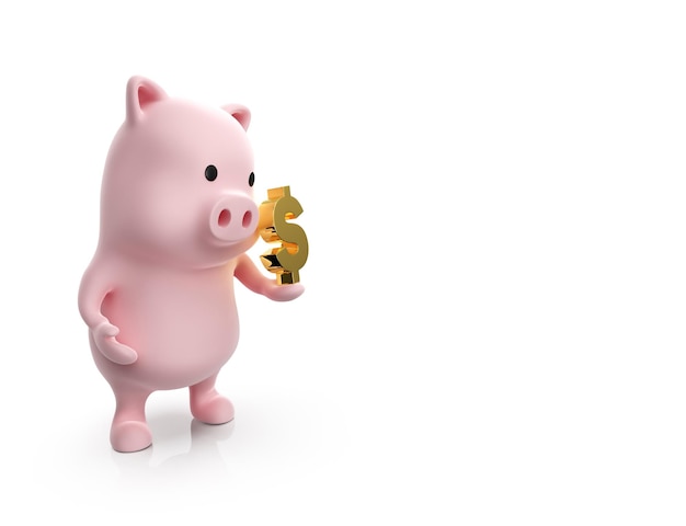 Personagem de porco 3D com símbolo de dólar isolado no fundo branco