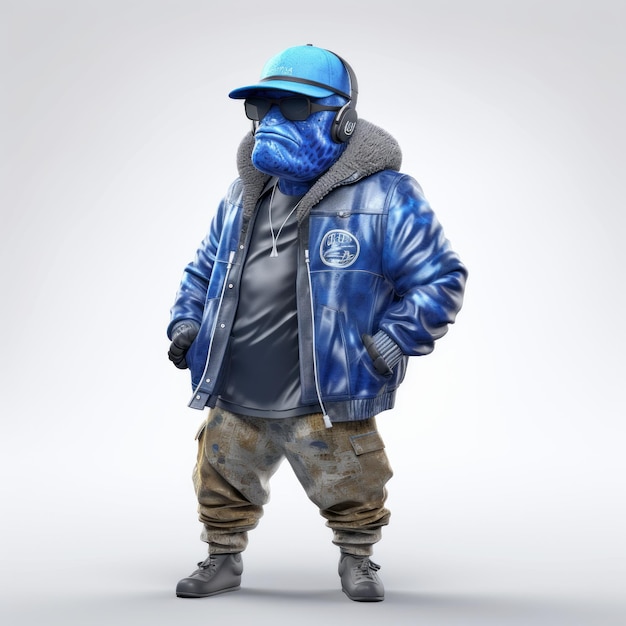 Personagem de rapper de hip-hop em jaqueta azul e chapéu 3d Render