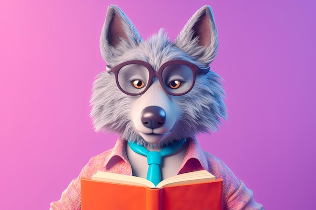 Personagem de rato de biblioteca sorridente usando óculos e lendo um livro ilustração parte dos animais