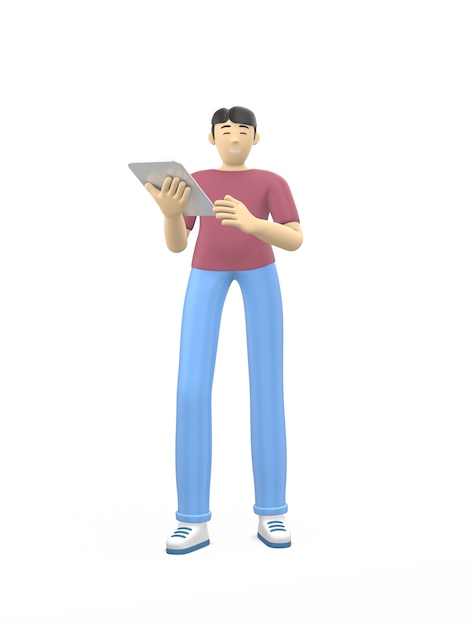 Personagem de renderização 3D de um cara asiático com um tablet. O conceito de estudo, negócios, líder, inicialização.
