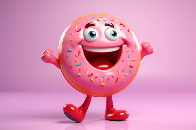 Foto personagem de rosquinha bonita sorridente em um fundo de gradiente rosa