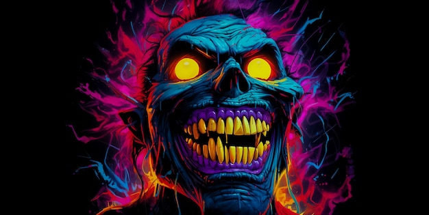 Personagem de rosto sinistro de terror com um grande sorriso neon colorido conceito de Halloween gerado por Ai