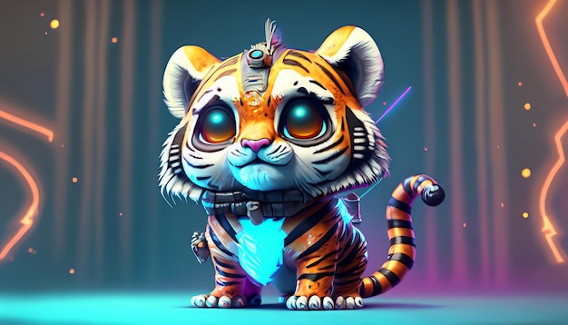 Personagem de tigre fofo com renderização 3D dinâmica na composição do pôster do filme olha para a direita