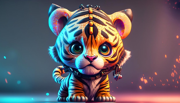 Personagem de tigre fofo com renderização 3D dinâmica na composição do pôster do filme olha para a direita