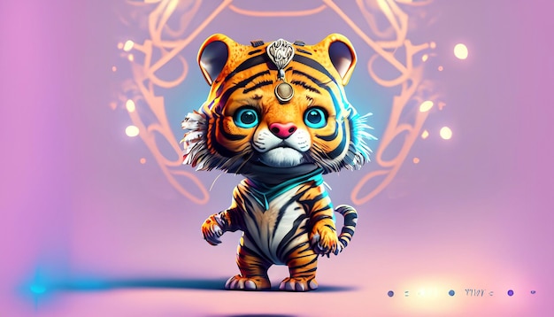 Personagem de tigre fofo com renderização 3D dinâmica na composição do pôster do filme olha para a direita