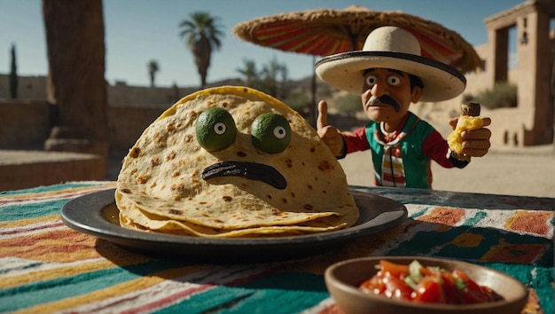 personagem de tortilla comendo jantar mexicano