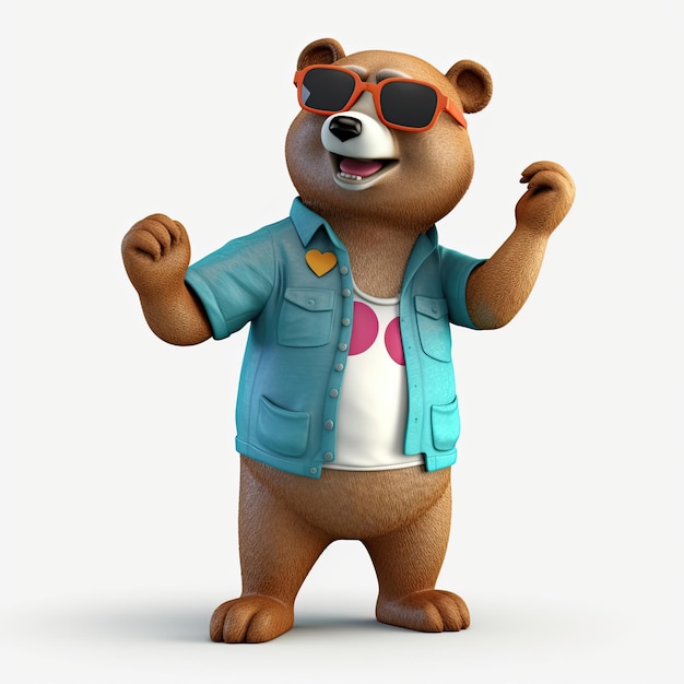 Personagem de urso 3d alegre e estiloso com roupas de corpo inteiro e óculos escuros contra um pano de fundo ia generativa