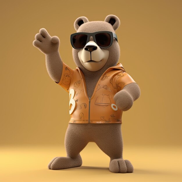 Personagem de urso 3D alegre e estiloso com roupas de corpo inteiro e óculos escuros contra um pano de fundo IA generativa