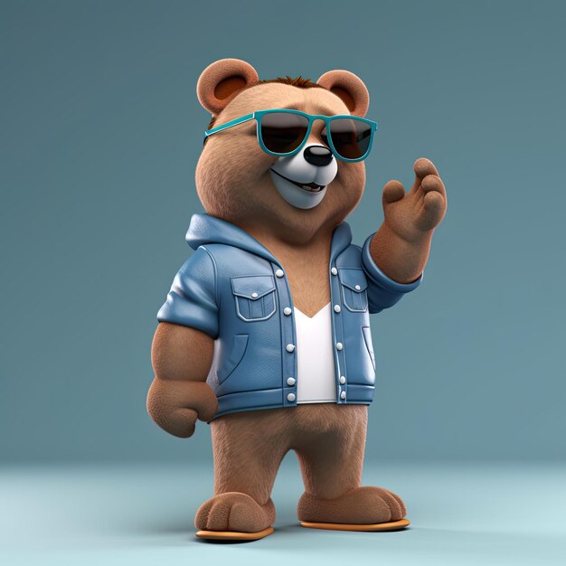 Foto personagem de urso 3d alegre e estiloso com roupas de corpo inteiro e óculos escuros contra um pano de fundo ia generativa