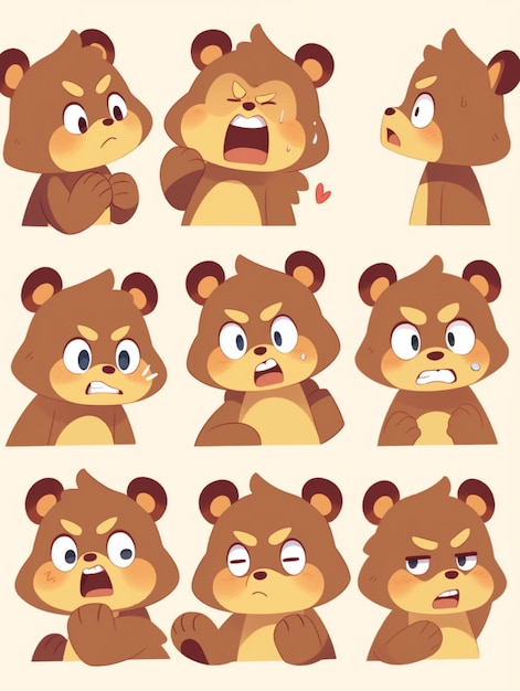 Foto personagem de urso de desenho animado com várias expressões e expressões generativas ai