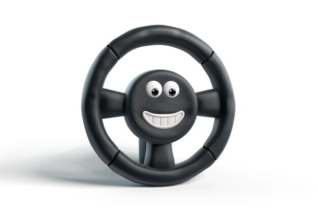 Foto personagem de volante de carro 3d com um rosto sorridente em um fundo branco