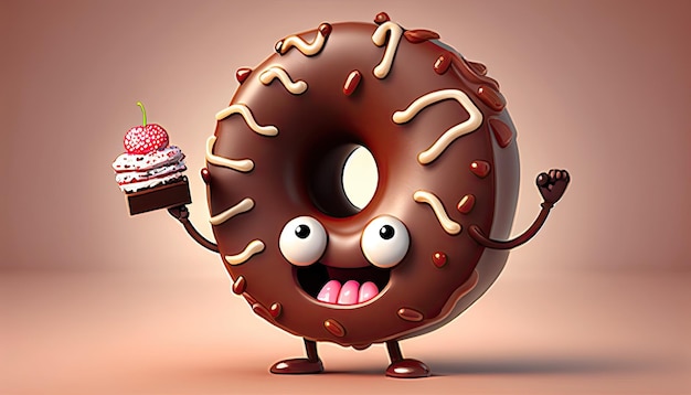 Personagem Engraçado Donut de Chocolate Desenho Animado Design Generativo IA