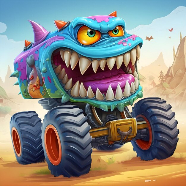 Foto personagem engraçado monster truck de desenho animado com motor poderoso