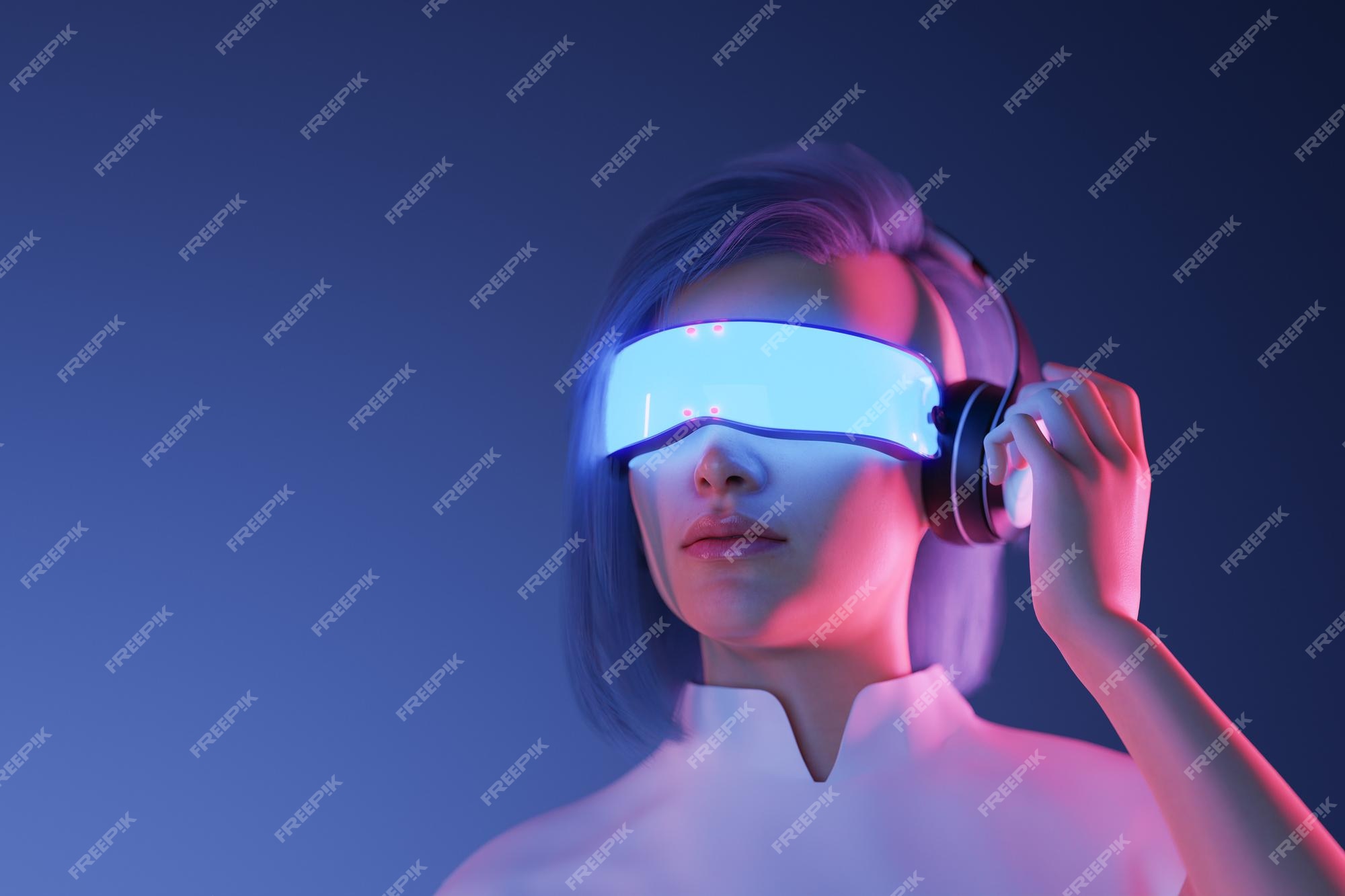 Foto de Jovem Mulher Menina Gamer Segurar Vr Headset Ar Óculos Inovadores  Relógio 3d 360 Jogo De Vídeo Jogar Em Futurista Roxo Luz Neon Realidade  Aumentada Virtual Conceito De Tecnologia Closeup Vista