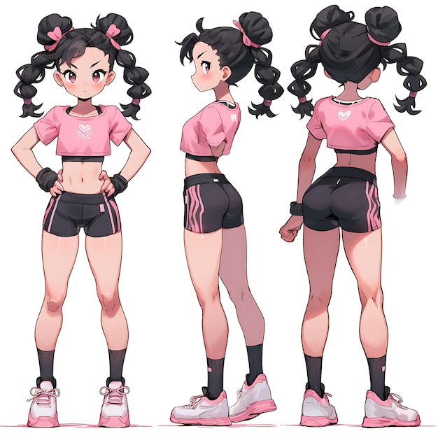 Personagem feminina chibi kawaii atleta vestuário de ginásio cores esportivas dumbbe concept art sheet manga