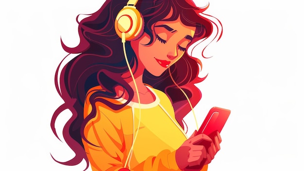 Foto personagem feminina de desenho animado isolada em fundo branco ouvindo música através de seu smartphone uma jovem bonita ouvindo música via seu smartphone e usando fones de ouvido atividade recreativa